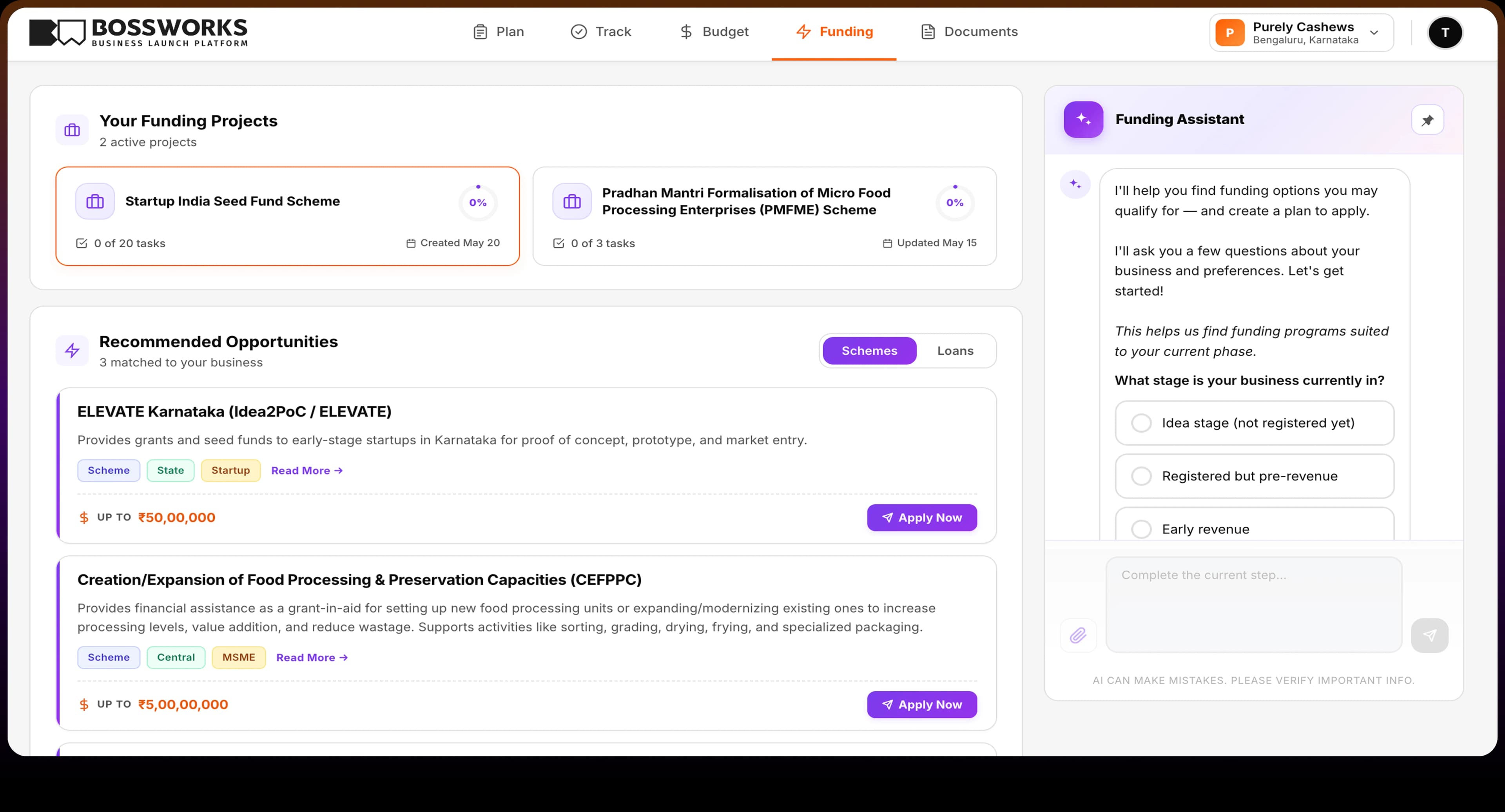 BossWorks Funding dashboard