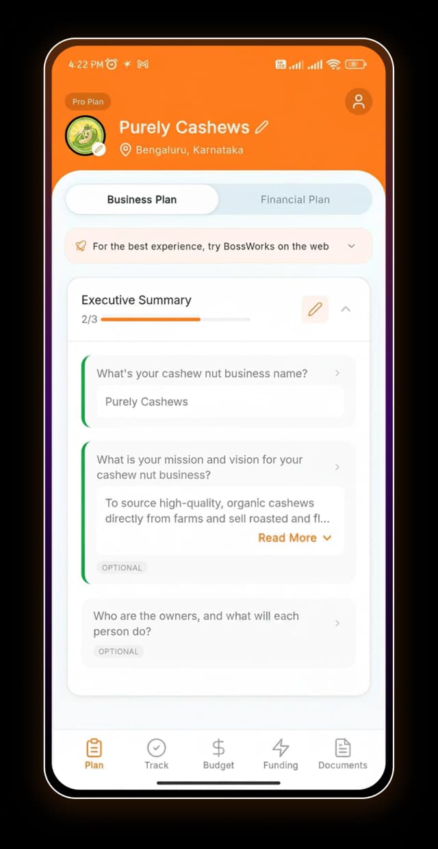 BossWorks Business Plan on mobile