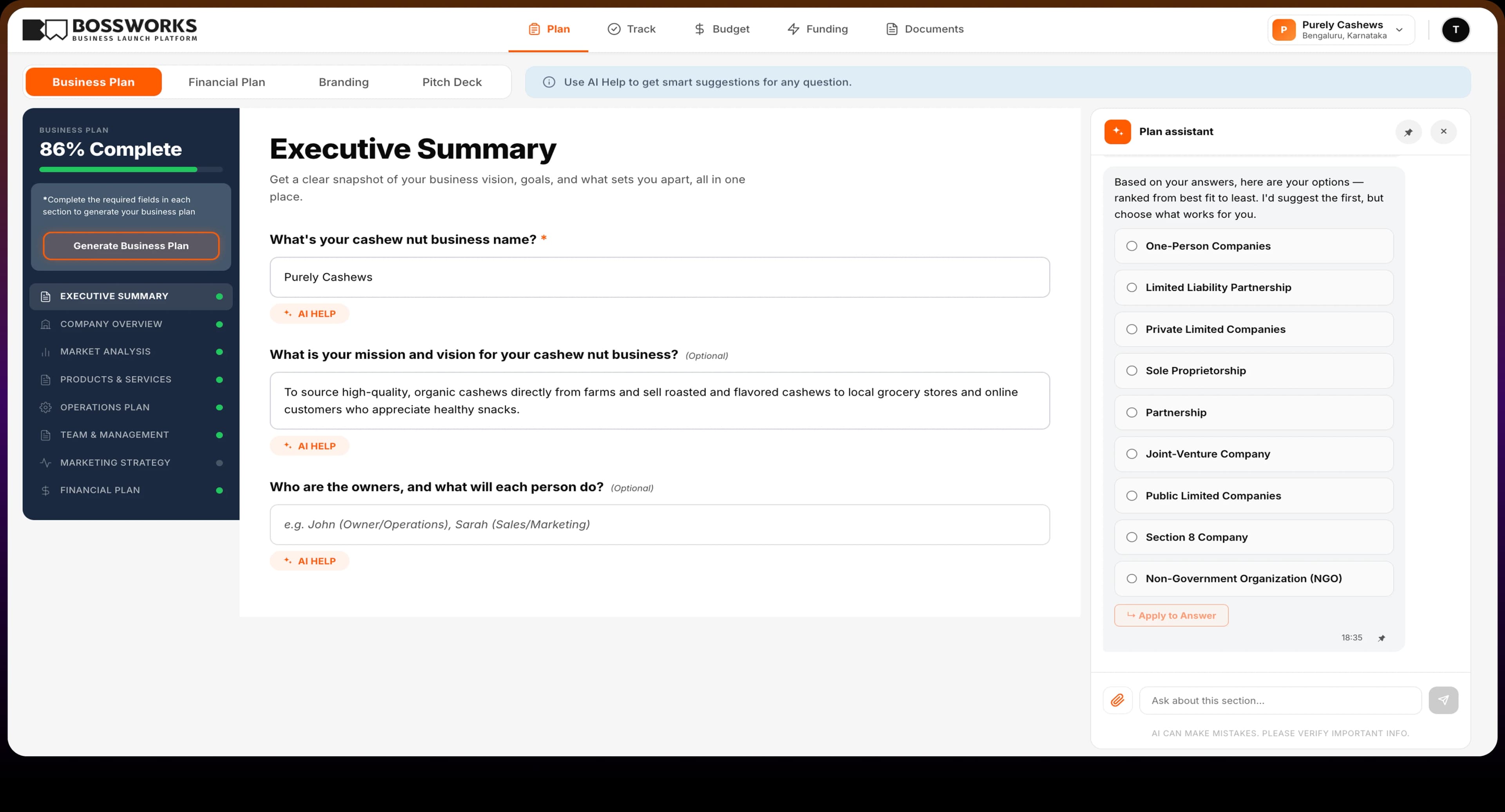 BossWorks Business Plan dashboard